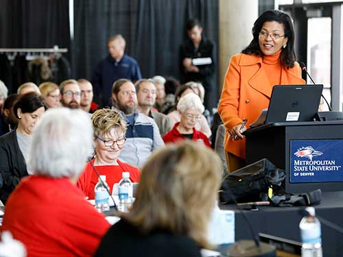 Kim Hunter Reed, Ph.D., executive director of the Colorado Department of Higher Education, addresses the MSU Denver Board of Trustees on Dec. 8.