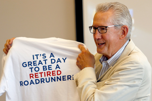  The Office of Marketing and Communications gave President Stephen Jordan a shirt which read: “It’s a great day to be a retired Roadrunner."