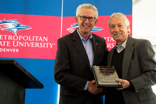 President Stephen Jordan (left) presented Professor Bob Amend with a Distinguished Service Award at MSU Denver