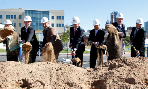 President Stephen Jordan (center) helps break ground on MSU Denver