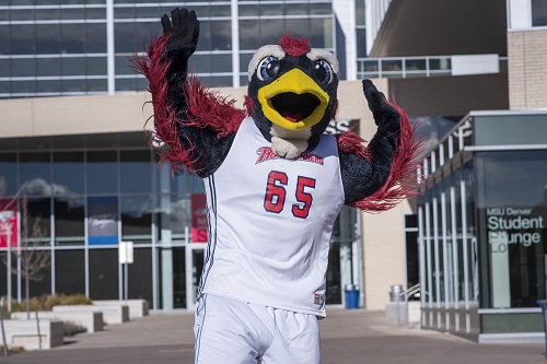 Rowdy in front of Student Success building.