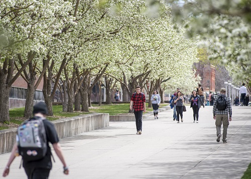 Students walking across MSU Denver campus.