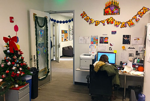 Office decorated for holidays