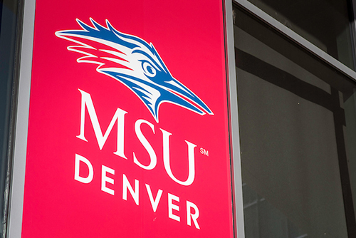 MSU Denver Logo Banner hanging outside Auraria Pkwy Parking Garage Spring 2017