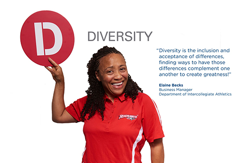 MSU Denver diversity banner Elaine Becks, Business Manager holding up the letter D