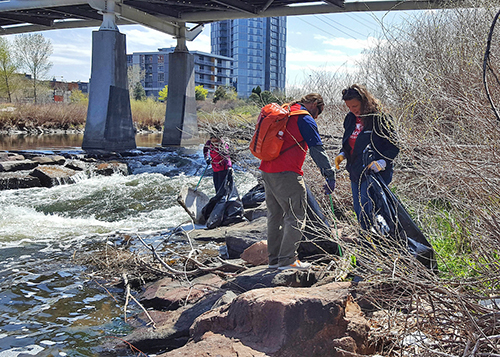 MSU Denver faculty, staff and community members pitch in to clean up the Cherry Creek as part of the recent Roadrunners Give Back Day in partnership with the Greenway Foundation.