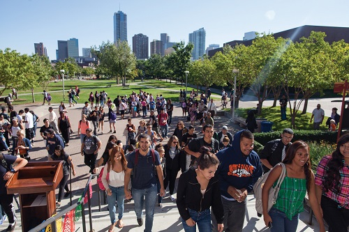 Students walking up stairs