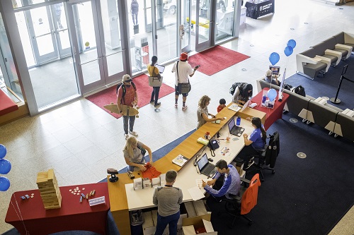 Students in Success Building foyer