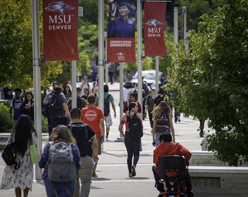 Students walking across MSU Denver campus