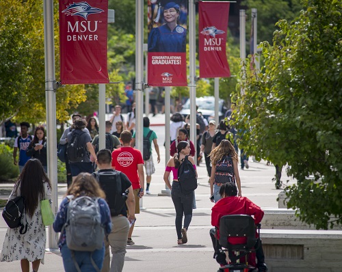 Students walking on the MSU Denver campus