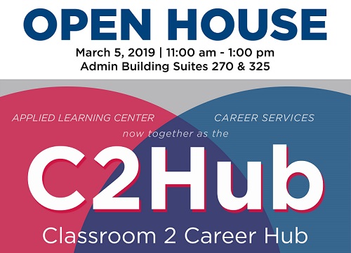 C2 Hub open house with red and blue graphics