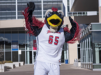 Rowdy with hands up in front of Student Success Building