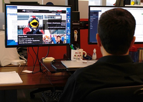 An employee working on a computer open to MSU Denver website