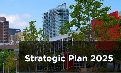 Strategic Plan 2025 words over campus image