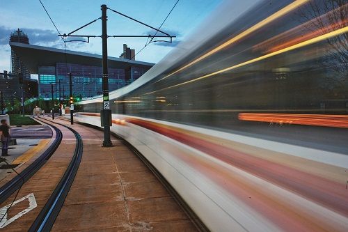 RTD train moving away from campus