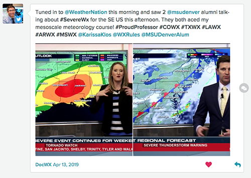 Tweet from Sam Ng highlighting MSU Denver meteorology alumni.