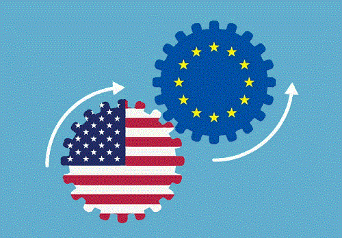 Interconnected cogs, one with American flag, the other with European Union flag.