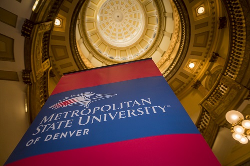 MSU Denver banner beneath Colorado Capital Building dome.