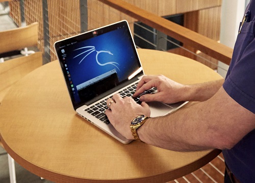 Close up of hands on the keyboard of a laptop computer.