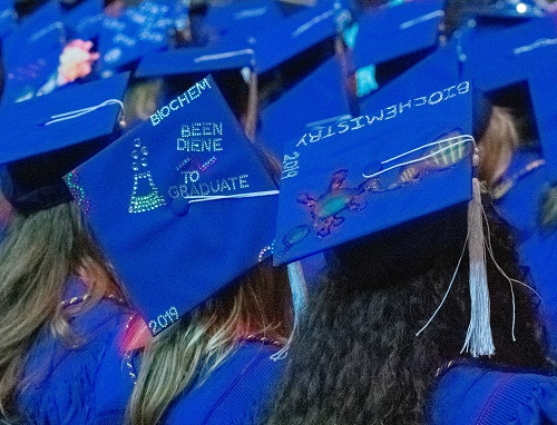 Close up of mortar boards decorated by biochemistry graduates.