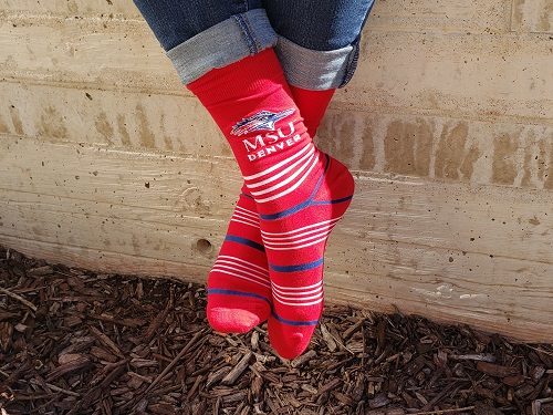 Close up of MSU Denver-themed socks.